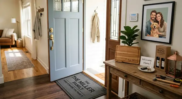A modern home entryway featuring practical housewarming essentials on a console table and a welcoming doormat.