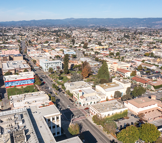 Aerial view of downtown Watsonville, CA
