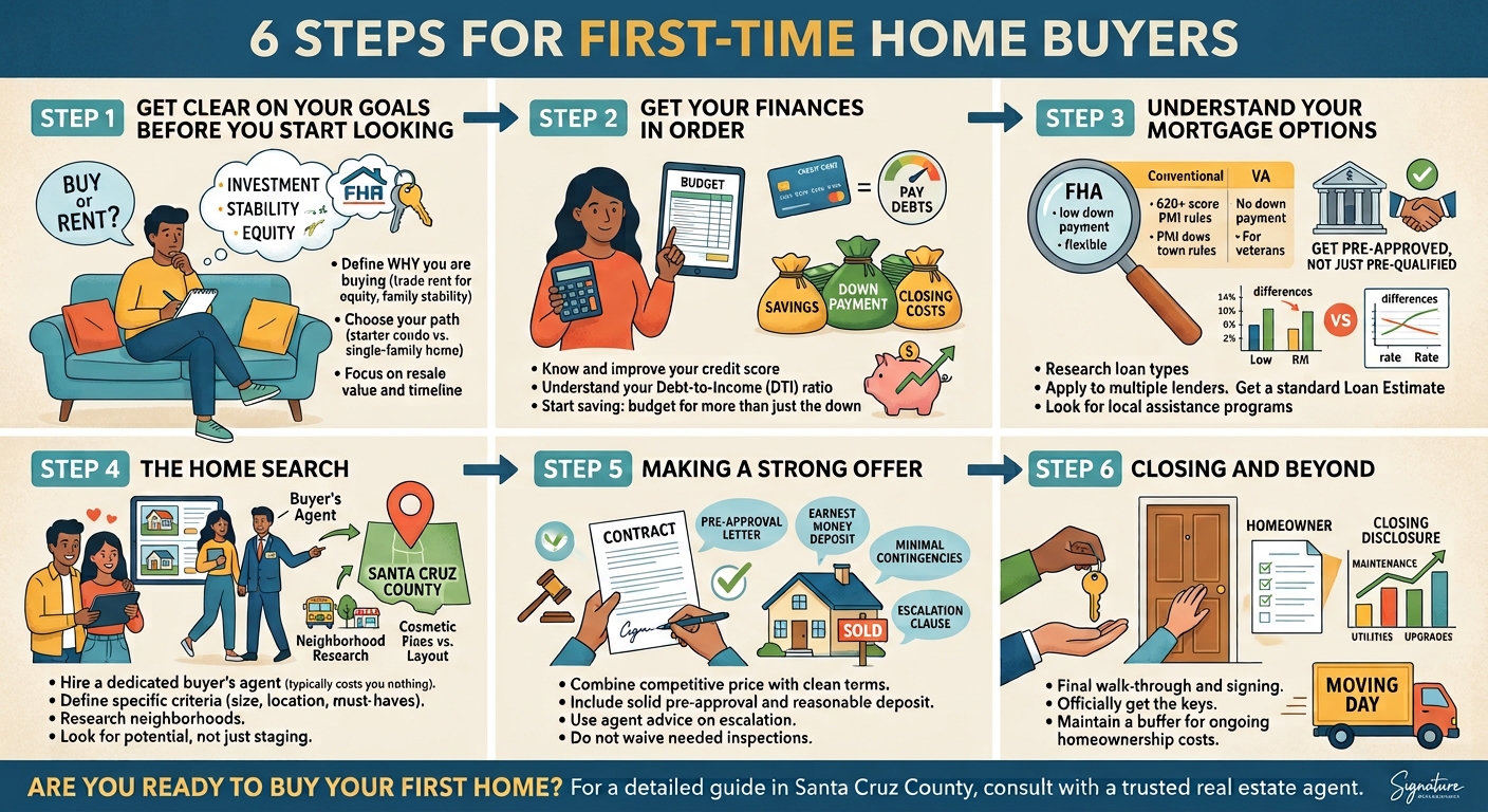 6 steps first-time home buyer infographic.
