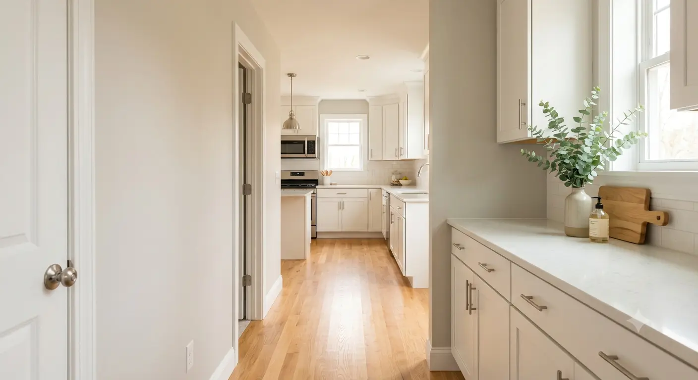 A wide-angle, inviting interior photo of a hallway leading into a kitchen