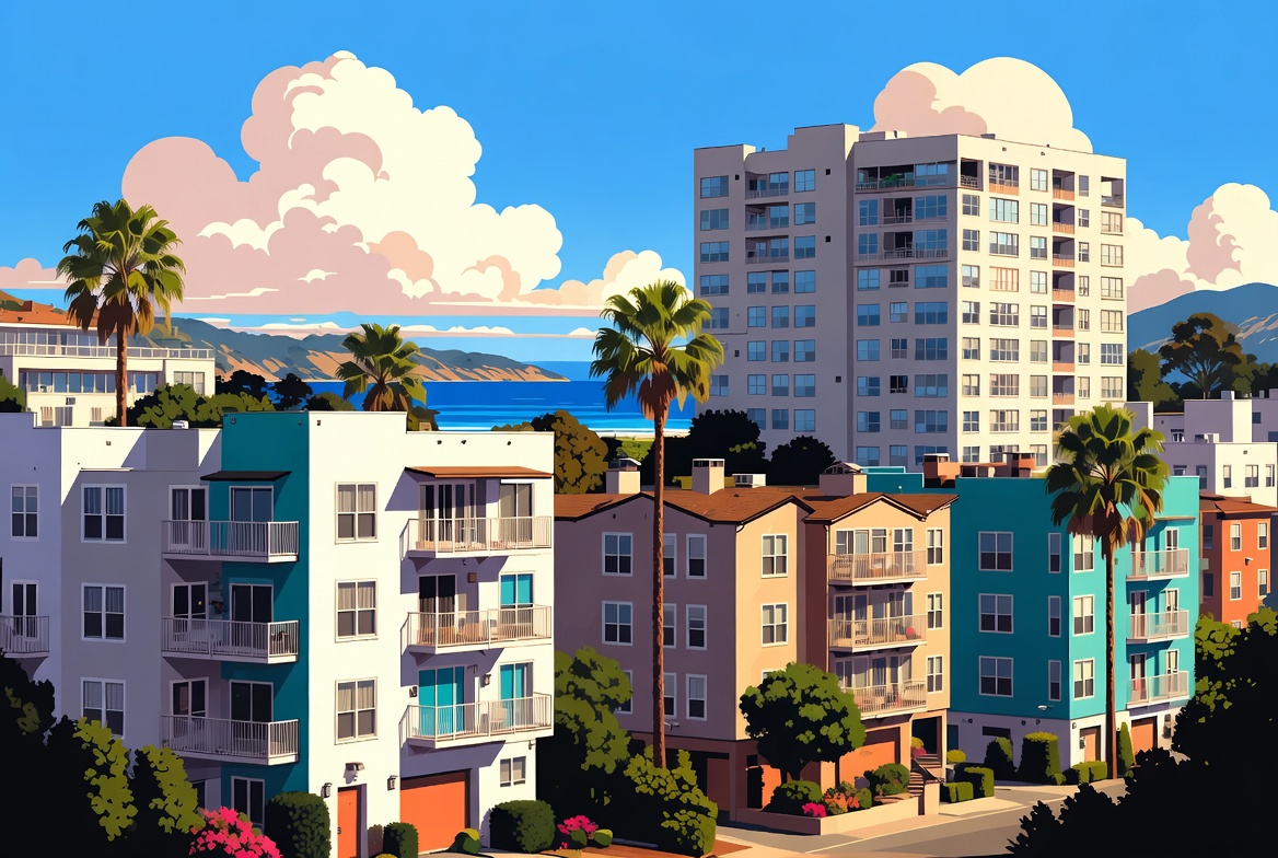 image of apartment buildings looking out over the ocean from Grok