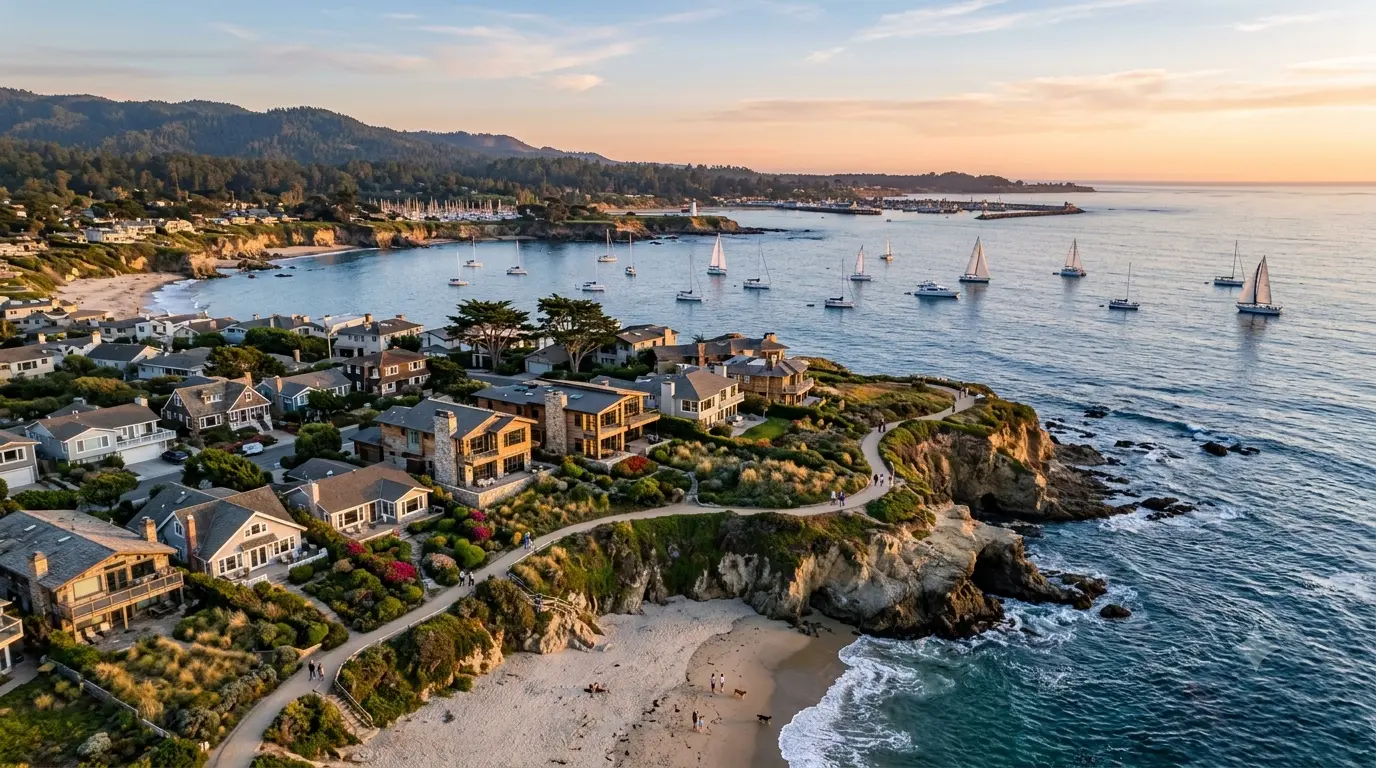 Beachfront coastal real estate and sail boats in the water