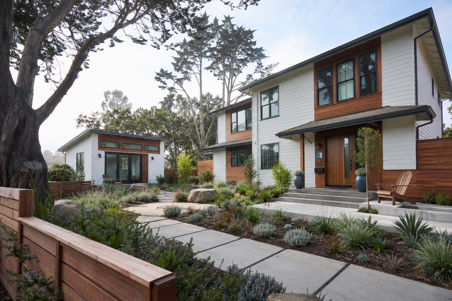 A realistic architectural photograph of a well-maintained coastal California duplex on the Westside of Santa Cruz