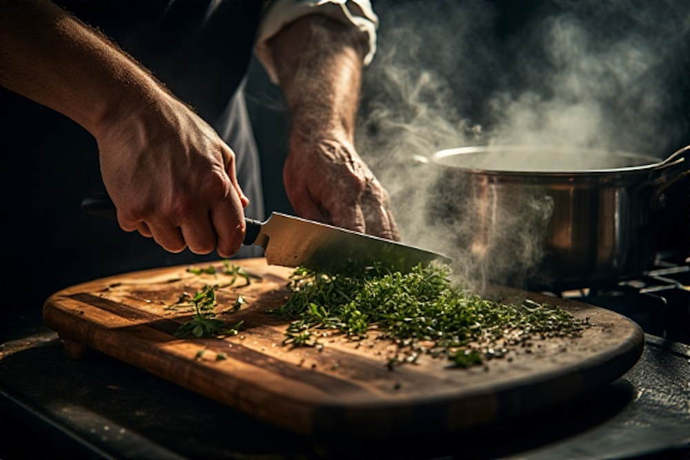 Chopping Herbs on a cutting board