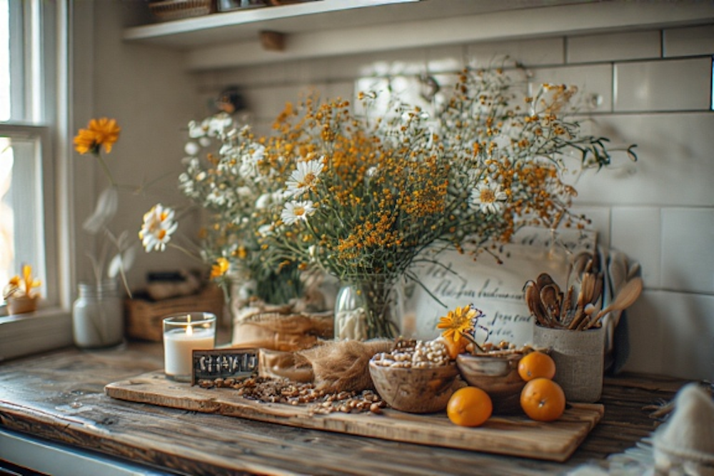 Dried flowers and seeds on a cutting board