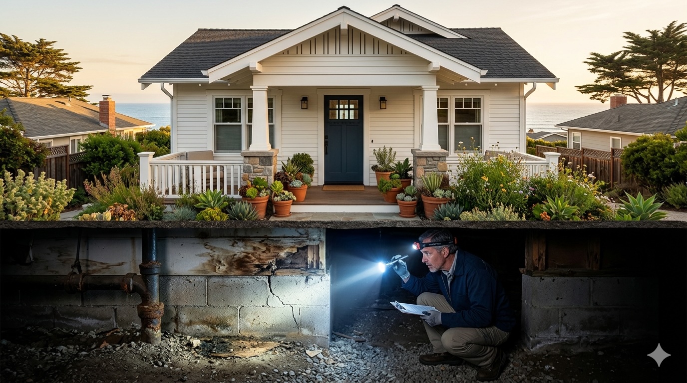 Home inspector looking under the home