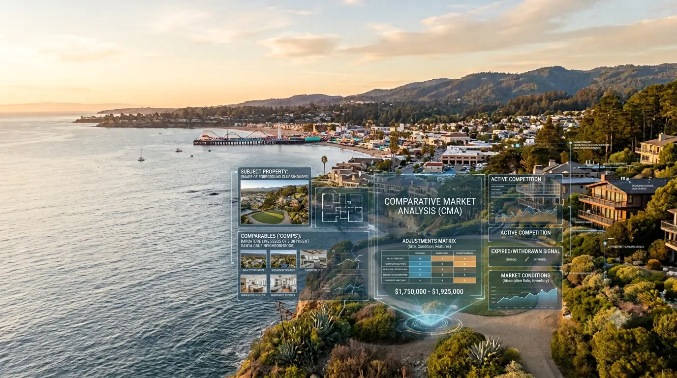 Home valuation chart over Santa Cruz Beach Wharf