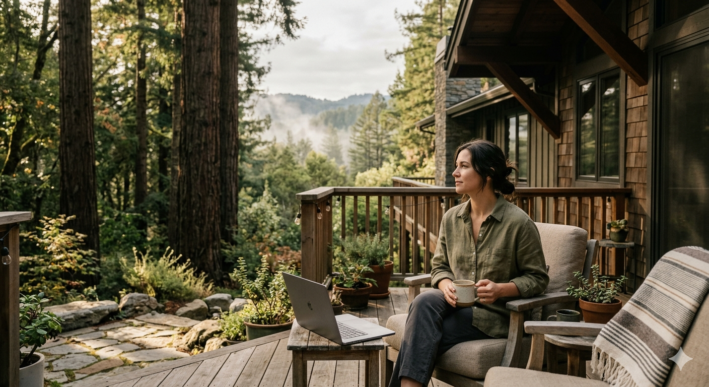 Women sitting on a chair with a coffee cup looking at the redwoods