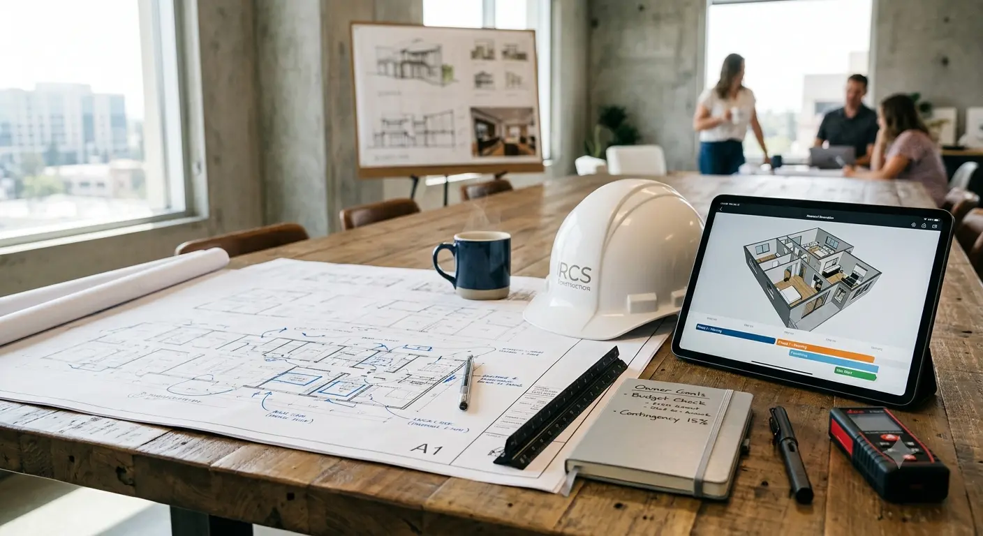 remodel blueprints on table in office and people meeting in the background