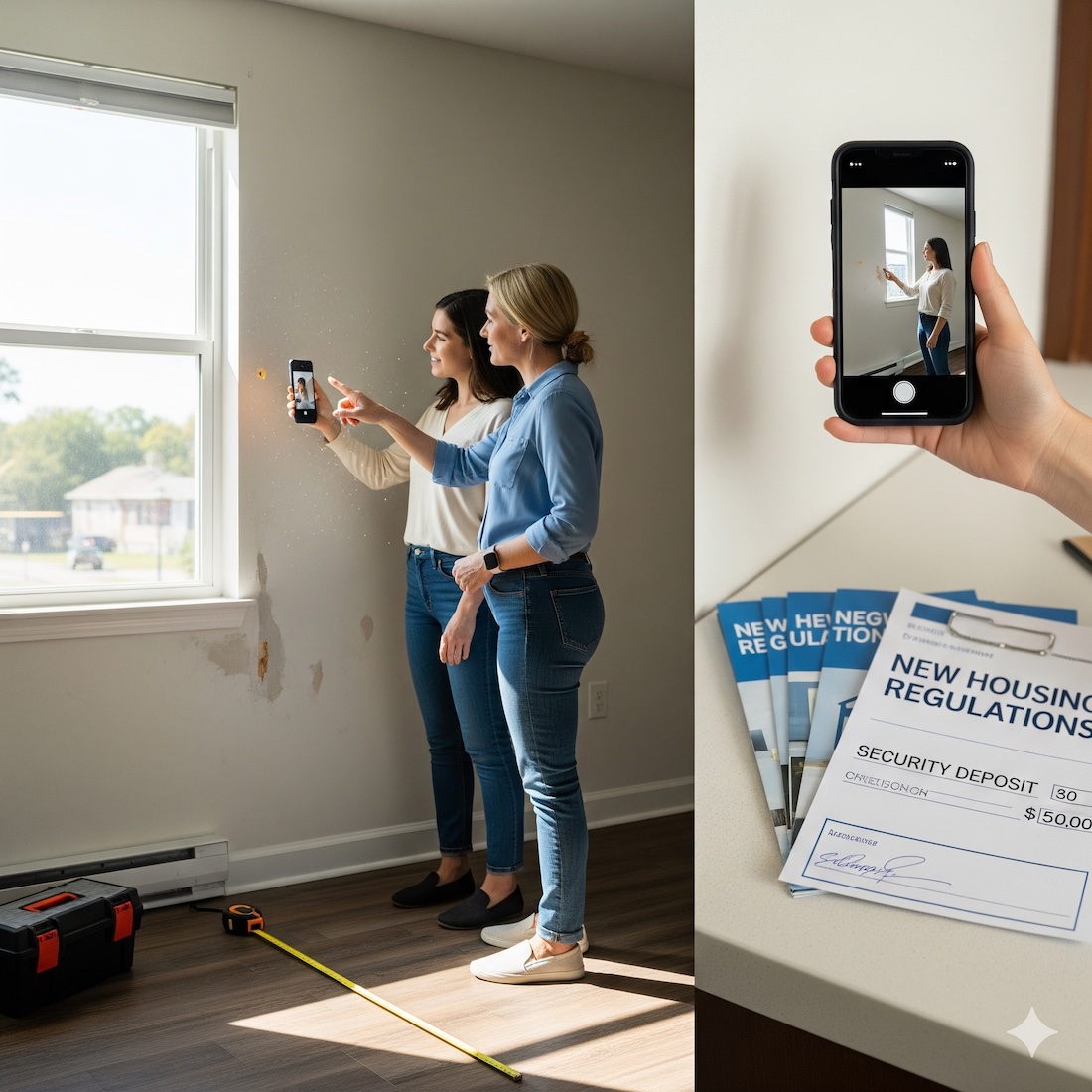 Two women taking pictures in an apartment