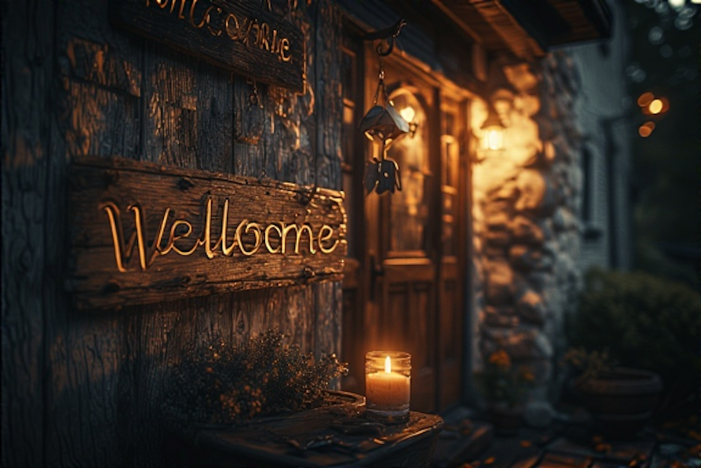 Welcome sign near front door of home