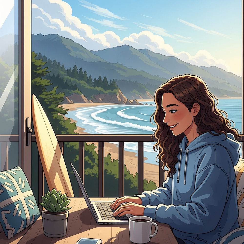 Women working at computer overlooking the ocean
