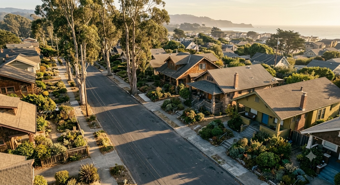 A residential street with homes