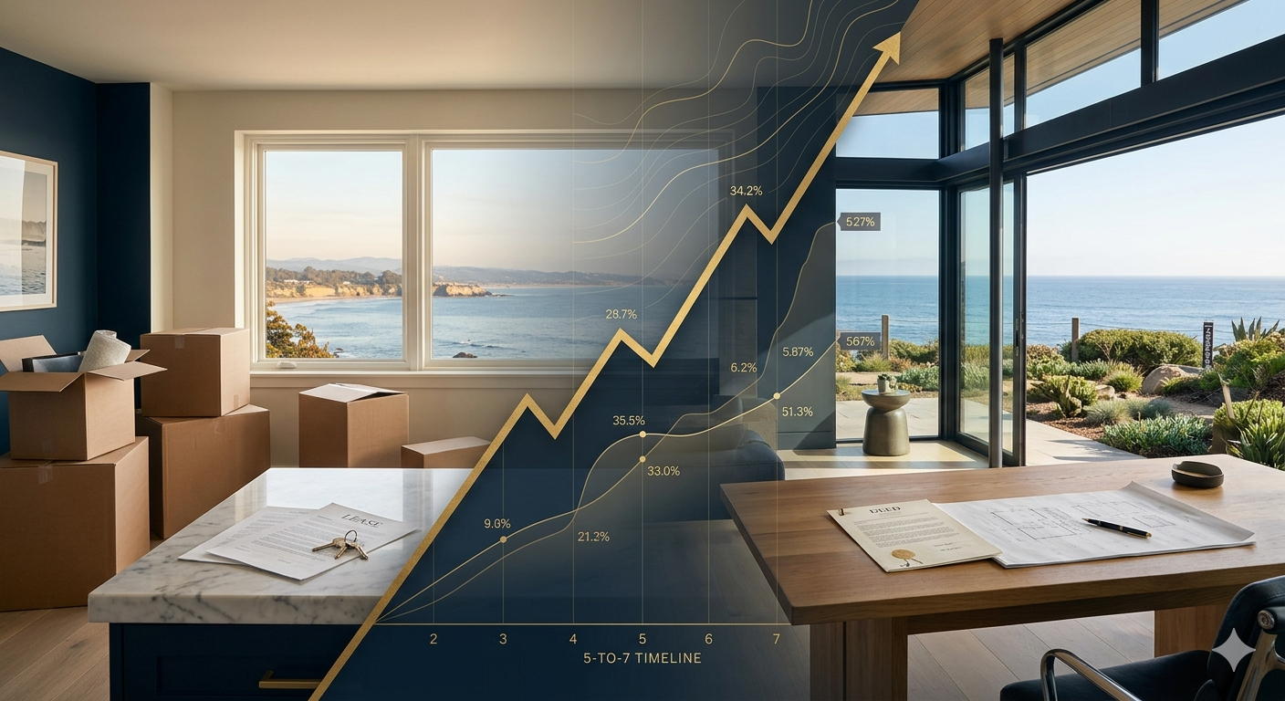 split graph going up with an ocean view from inside a home